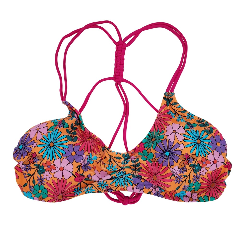 Cupshe Floral Bikini Top Large Orange Pink Retro Strappy Braided Adjustable New‎